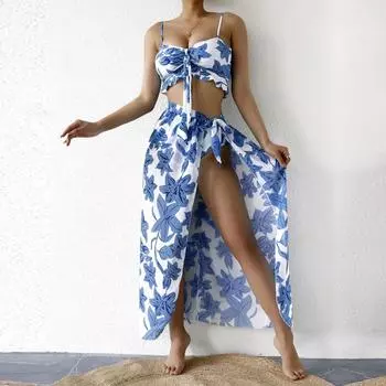 Купальник женский сплит-принт с высокой талией и треугольным бантом, бикини из трех частей S синий