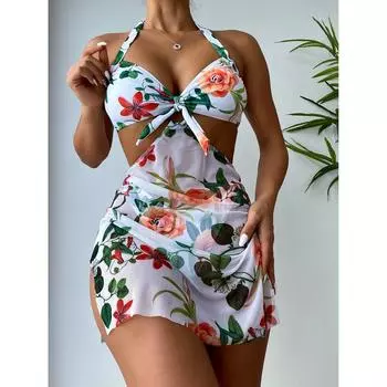 Купальник женский сплит-принт сексуальная тройка платье Холтер шеи цветочные комплекты бикини S синий
