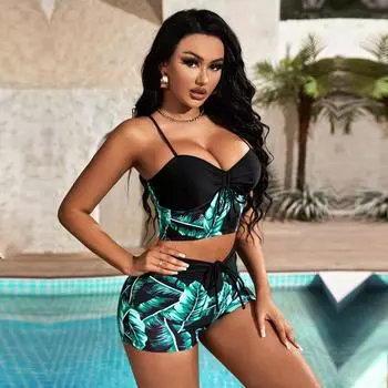 Купальник женский сплит с высокой талией на плоской подошве на шнуровке с принтом Купальники Бикини Костюмы S чёрный