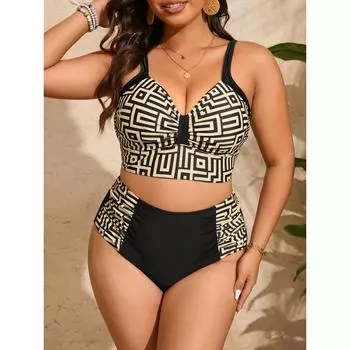 Купальники бикини больших размеров с геометрическим принтом, V-образным вырезом и высокой талией, комплект из 2 предметов, женская одежда для плавания и купальники 0XL хаки