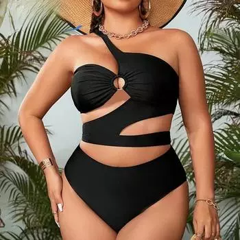 Купальники больших размеров 2025 года с вырезом на одно плечо, черные сексуальные женские купальники, пышные женские комплекты бикини 0XL чёрный