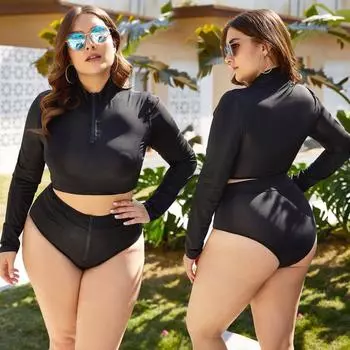 Купальники больших размеров, разделенный купальник, костюм из двух частей, водонепроницаемая одежда для плавания, 2XL-5XL, высокоэластичный консервативный купальный костюм с длинными рукавами 2XL чёрный
