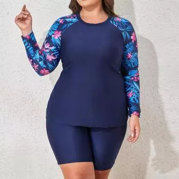 Купальники больших размеров с длинным рукавом и цветочным принтом для женщин, двухсекционный купальный костюм 1XL чёрный