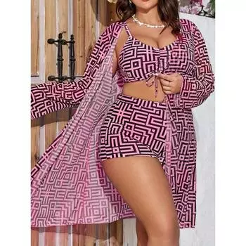 Купальники больших размеров с геометрическим принтом, топ на завязках и шорты с высокой талией, комплект из 3 предметов, купальники с сеткой, женская одежда и одежда 1XL