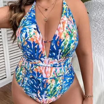 Купальники больших размеров с принтом женские пуш-ап большие цельные купальники с глубоким V-образным вырезом XL