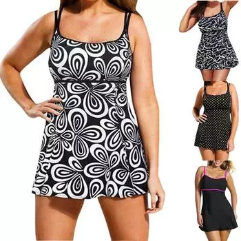 Купальники большого размера Печатные женские двойные плечевые ремни Юбка Купальник Купальный купальный костюм XL чёрный/розы красного