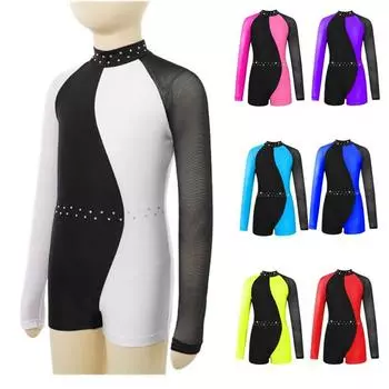 Купальники для девочек, детский гимнастический комбинезон с длинными рукавами и молнией сзади, комбинезон с шортами 5-6 Years белый/чёрный