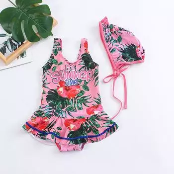 Купальники для девочек, летние милые детские цельные платья для девочек, детский купальный костюм, комплекты купальных костюмов со шляпой