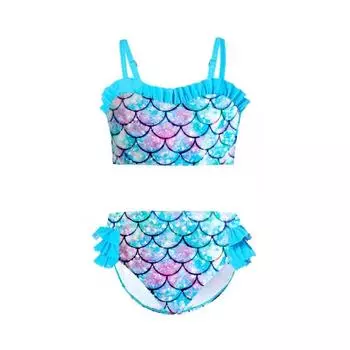 Купальники для маленьких девочек, двухсекционные купальные костюмы с бретелькой на шее, пляжный купальник с 3D принтом и рюшами, быстросохнущие купальники, бикини-костюм русалки, От 2 до 9 лет XL