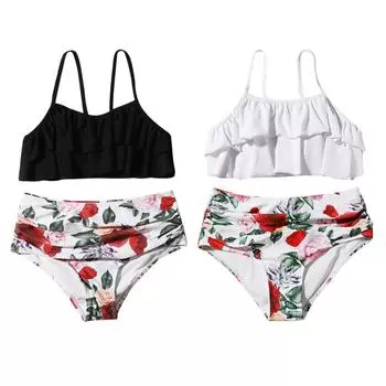 Купальники для маленьких девочек, двухсекционные купальные костюмы, мягкий верх с рюшами и низ с цветочным принтом, быстросохнущие купальники, детский солнцезащитный костюм, костюм танкини, От 7 до 11 лет 140