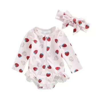 Купальники для маленьких девочек, комбинезон на молнии с клубничным принтом, купальный костюм и повязка на голову, пляжная одежда, купальные костюмы 2-3 Years красный