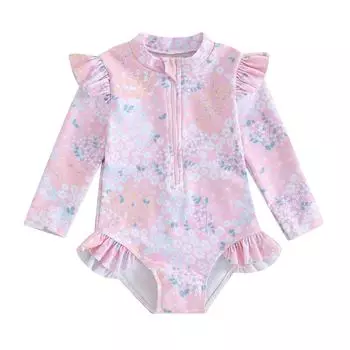 Купальники для маленьких девочек, летний комбинезон с рюшами и цветочным принтом, длинными рукавами и молнией, 9 месяцев, 12 месяцев, 18 месяцев, 24 месяца, 3 года, 4 года, пляжная одежда для малышей, купальные костюмы 2-3 Years розовый