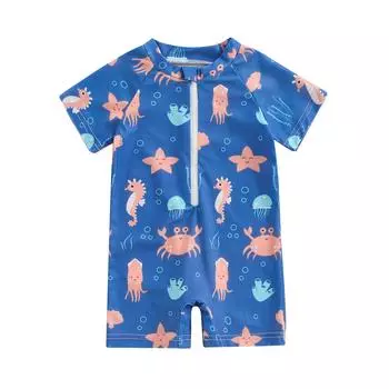 Купальники для малышей для мальчиков 6, 12, 18, 24 месяцев, 3 лет, мультяшный принт морских организмов, купальник с короткими рукавами, купальные костюмы на молнии спереди 0-6 Months белый