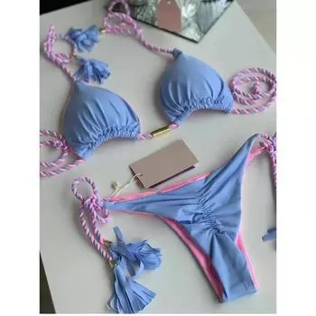 Купальники для пляжа, одежда для отдыха, стринги, комплект бикини, купальники, сексуальные бикини для девочек, треугольные повязки, женская одежда, пляжная одежда S синий