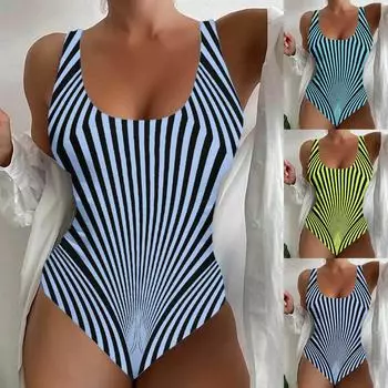 Купальники для женщин 2024 года, женские купальники больших размеров, корректирующие фигуру, U-образный вырез, полосатый принт, спортивный купальный костюм для женщин, танкини S синий