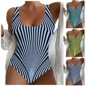 Купальники для женщин 2025 года, женские купальники больших размеров, корректирующие фигуру, U-образный вырез, спортивные купальники с принтом S синий