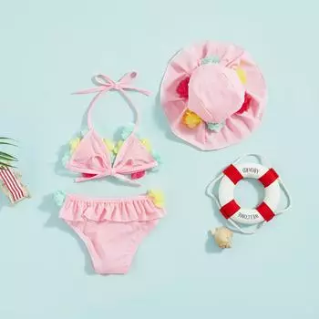 Купальники из 3 предметов для маленьких девочек 6, 12, 18, 24 месяцев, цветочный декор, завязка на шее, топы на шее, шорты с оборками, шляпа от солнца, комплект купальников с разрезом в бикини 18-24 Months зелёный