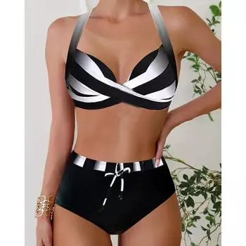 Купальники из двух предметов, модные женские бикини с высокой талией, винтажные купальники с пуш-ап, топ с лямкой на шее, контроль живота, рюшами внизу S чёрный