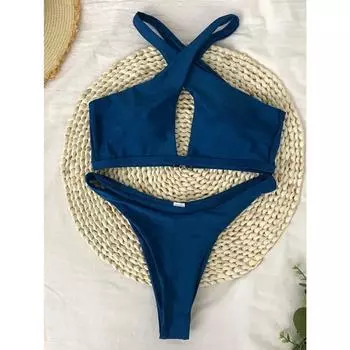 Купальники Push Up Купальник женский 2024 Сексуальный Холтер с завязками на шее и крестообразными повязками Комплект бикини Монокини с открытой спиной Купальные костюмы Biquini S синий