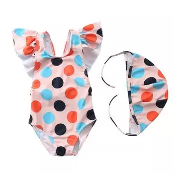 Купальники с оборками для маленьких девочек, цельные купальные костюмы в полоску, летние пляжные купальники в горошек, пляжная одежда принцессы с шапочкой для плавания, От 1 до 7 лет XL