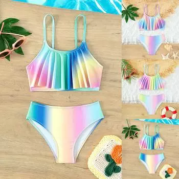 Купальники с принтом для девочек, детский купальник для девочек, комплект бикини из двух предметов, купальные костюмы с рюшами, купальник-танкини с воланами 11-12 Years синий