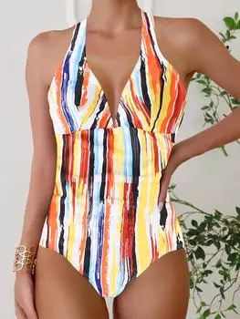 Купальники с принтом One Piece Body Closed Women Plus Size Купальники Push Up Купальный костюм XS оранжевый