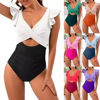 Купальники сексуальный цветной слитный купальник с V-образным вырезом и открытой спиной S