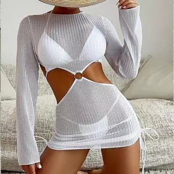 Купальники женские европейские и американские новые блузки с полыми бретелями солнцезащитный пляжный купальник бикини комплект из трех предметов S слоновая кость