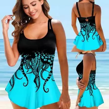 Купальники женские из двух частей танкини 2022 плюс размер купальник бикини комплект пляжная одежда купальный костюм с принтом бразильский сексуальный женский тип изделия S синий