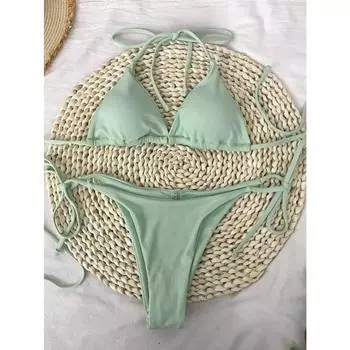 Купальники женские купальный костюм женские ребристые подушечки на спине женский комплект бикини Холтер треугольный бюстгальтер с завязками сбоку стринги одежда пляжный стиль S армия зеленый