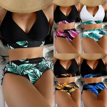 Купальники женские сплит-треугольники бикини с принтом листьев однотонные на шнуровке купальники S зелёный