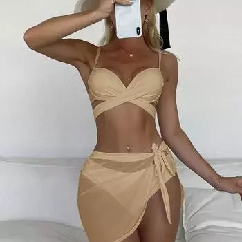 Купальники женский купальник бикини пуш-ап комплект бикини купальный костюм летняя пляжная одежда купальные костюмы из трех предметов S красный