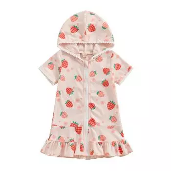 Купальный халат для малышей-девочек с коротким рукавом и принтом клубники, на молнии, с капюшоном 1-2 Years розовый