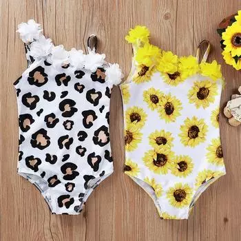 Купальный костюм бикини с цветочным рисунком для маленьких девочек, купальный костюм, пляжная одежда 90 белый