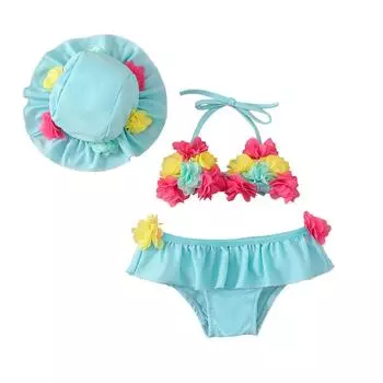 Купальный костюм из трех частей для новорожденных девочек, топы для плавания с бретелькой на шее с цветочным принтом, плавки и защитная шапочка от солнца 0-6 Months ярко-розовый