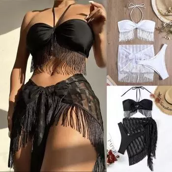 Купальный костюм пуш-ап из 3 шт./компл. с быстросохнущей юбкой с открытой спиной и лямкой на шее, пляжная одежда с разрезом L чёрный