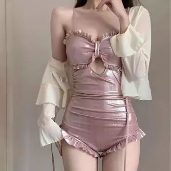 Купальный костюм, женский комбинезон, треугольный топ, комплект из двух частей, бикини, сексуальное и утягивающее, прикрывающее живот. S розовый