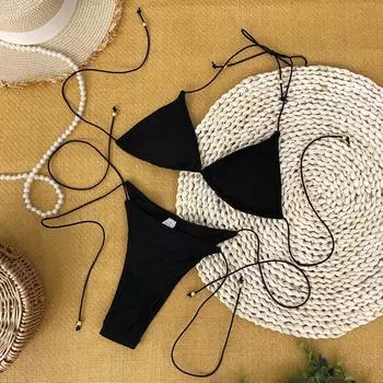 Купальный костюм женский микро бикини сексуальный купальник женский однотонный мини-бикини комплект бразильский бикини купальные костюмы пляжная одежда M чёрный
