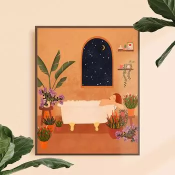 Купающаяся дама в окружении растений Иллюстрация Картина на холсте Мирная ботаническая настенная живопись Картина для ванной комнаты Декор для спальни для девочек 21x30cm No Framed