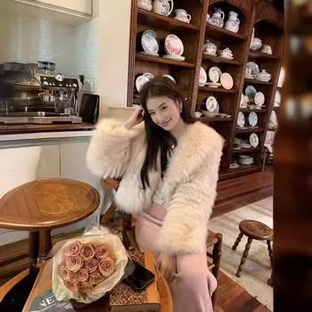 Купидон осень/зима 2024 лисья меховая планка куртка с V-образным вырезом женская простая модная милая маленькая короткая S абрикосовый