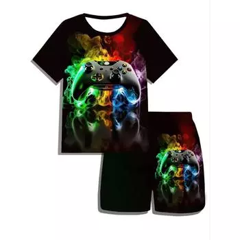 Купите 1 и получите 1 бесплатно, всего 2 шт., крутой повседневный комплект из футболки с коротким рукавом и шорт с 3D-принтом для мальчиков — удобный, легкий, дышащий, 100