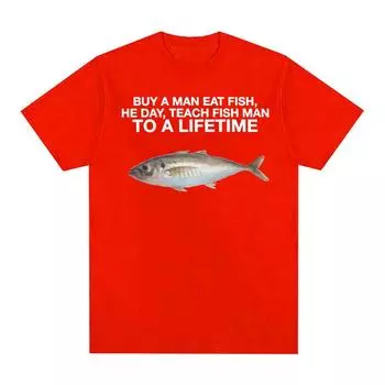 Купите футболки с забавными мемами «A Man Eat Fish, He Day, Teach Fish Man, To A Lifetime Meme», мужская повседневная футболка большого размера из 100% хлопка с круглым вырезом S чёрный