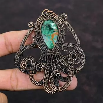 Куприт, хризоколла, кулон, медная проволока, обернутая драгоценными камнями, ювелирные изделия, кулон ручной работы, медная проволока, обернутая кулоном, кулон в виде осьминога, подарок для женщин