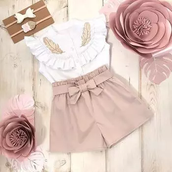 (Курица Кунг Пао)Футболка с рюшами для маленьких девочек, топы + шорты, брюки с бантом, комплект одежды из 2 предметов 110 белый