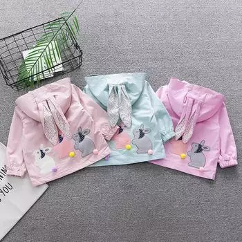 (Курица Кунг Пао)Ветрозащитное пальто с капюшоном и кроличьими ушками для маленьких девочек, верхняя одежда, повседневная одежда 10 розовый