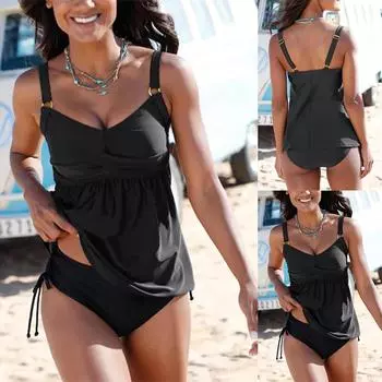 (Курица Кунг Пао)Женский однотонный купальник с лямкой на бретельках с витым узлом, разделенный двухсекционный бикини на завязках L чёрный