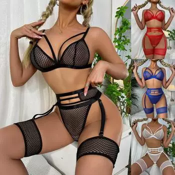 (Курица Кунг Пао)Женский сексуальный однотонный сетчатый кружевной комплект из трех частей, сексуальный костюм L чёрный