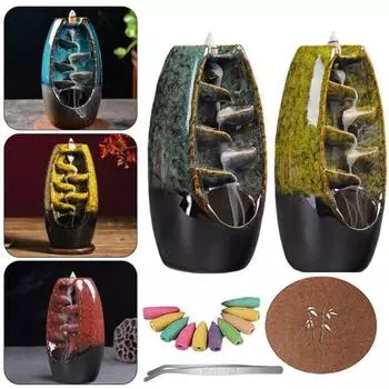 Курильница с обратным потоком и 10 конусами, креативный освежитель воздуха, держатель для благовоний с водопадом, украшение для дома в стиле дзен, украшение для ароматерапии для спа зелёный