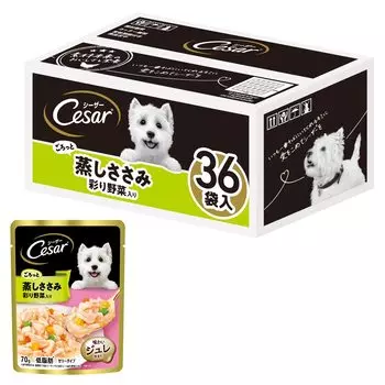 Куриное филе «Цезарь» на пару с разноцветной курицей 70 г x 36 пакетиков, упаковка, овощи, ароматизатор, (Оптовая закупка) [Корм для собак/влажный] [Большая емкость] [Нет