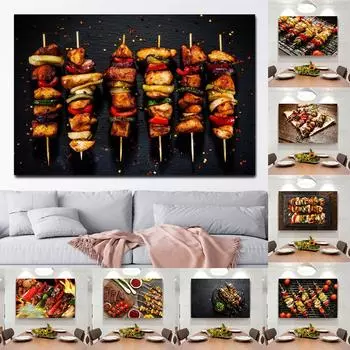 Куриные шашлычки, настенные панно для барбекю, вкусная еда, холст, картина, настенное искусство для кухни, ресторана, домашний Настенный декор, Cuadros 21x30cm No Framed